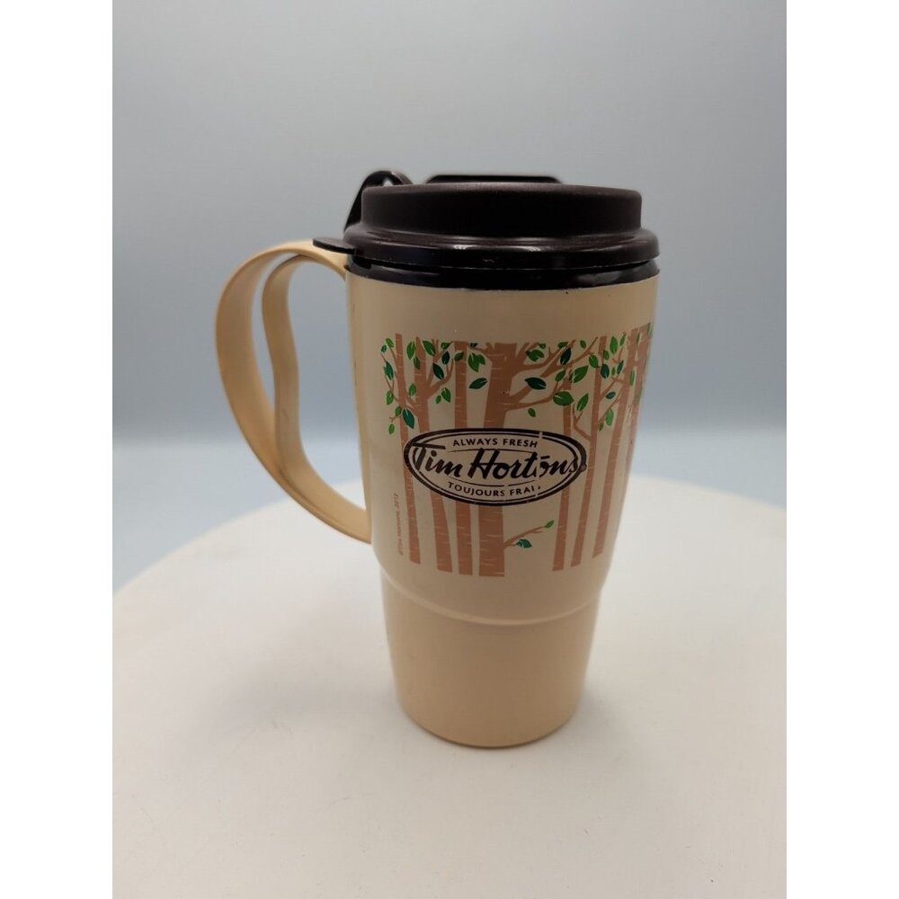 Tim Hortons Insulated Thermo-Serve Forest Trees Beige Coffee Travel Mug Vintage - Picture 4 of 7